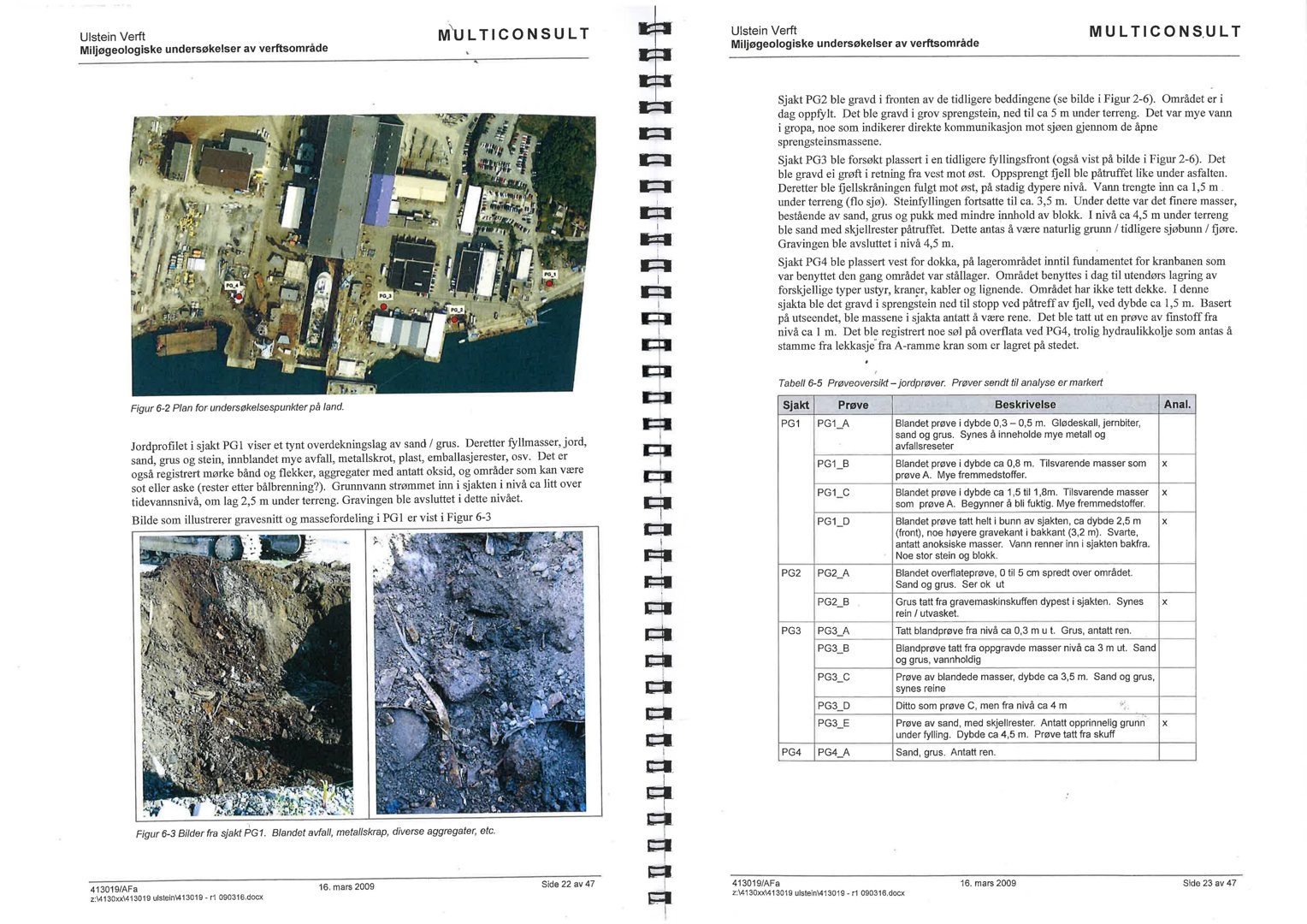 Fotografier av gravninger og prøvetaking (sjakt PG1) i forbindelse med miljøgeologiske undersøkelser.