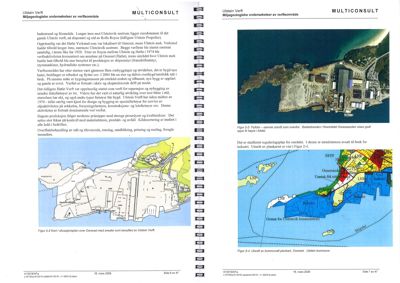 Bildet viser en side fra en rapport med tekst og tre kart. Kartene viser situasjonsplaner, reguleringsplaner og kommuneplaner for Utleira Verft og Omsund.