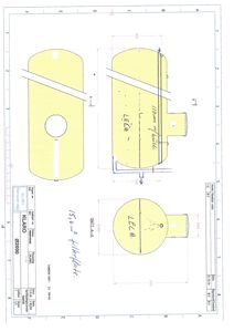 Tegning som viser detaljerte dimensjoner og oppriss av en tank (merket LECAR), inkludert snitt A-A og håndskrevne notater om volum og filterflate.