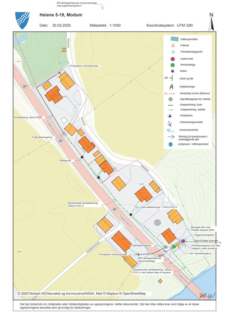 Situasjonsplan for Heiene 5-19 i Modum som viser tomtens beliggenhet, eksisterende og planlagte anlegg (pumper, ledninger, tank), samt områder for biologisk minrensningsanlegg.