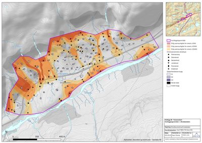 Situasjonsplan som viser et kart over et område med topografi, vannløp, eksisterende og planlagte bygninger, samt kartleggingsområder og snøskredsoner.