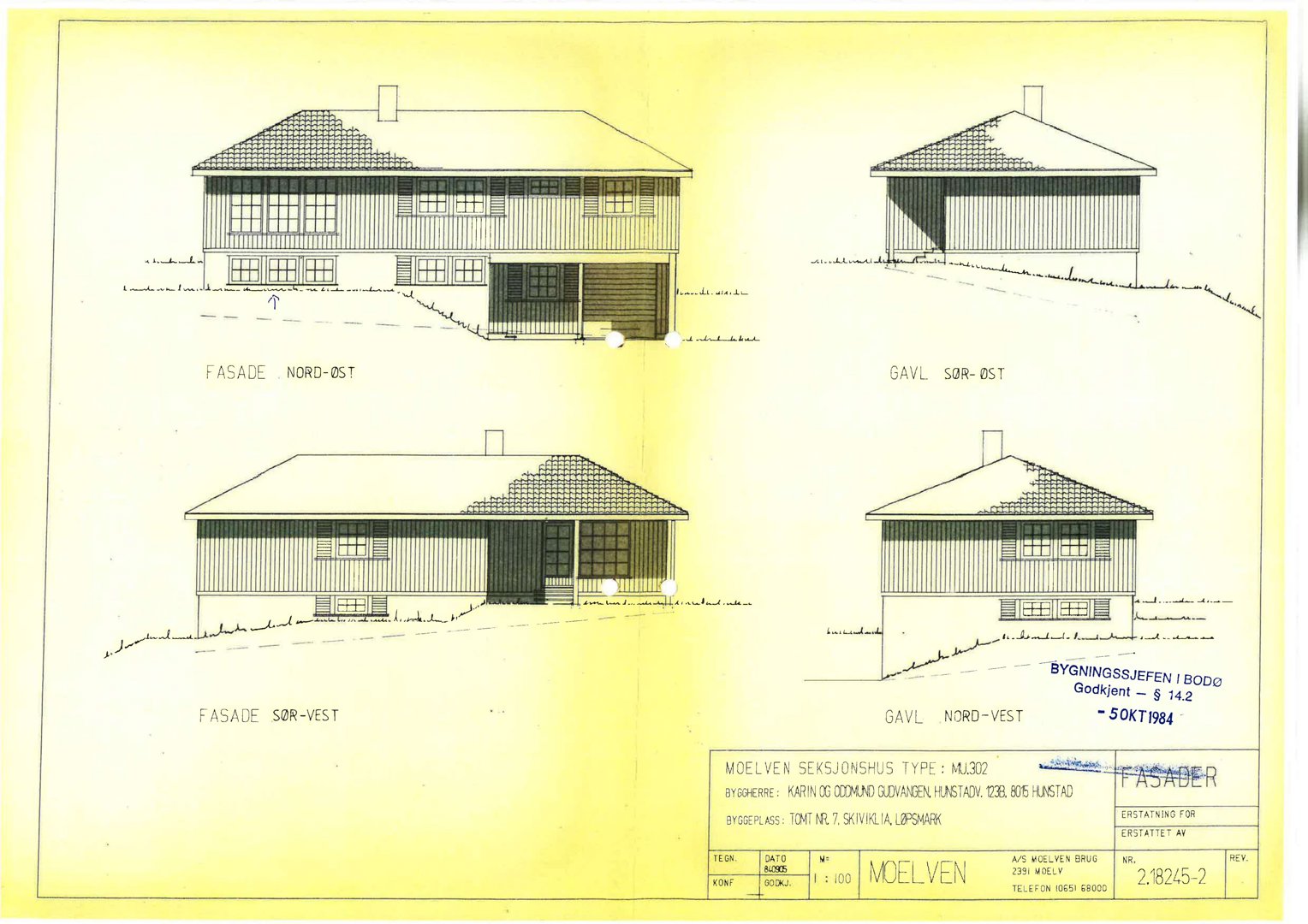 Fasadetegning som viser bygningens utseende fra fire ulike vinkler (Nord-Øst, Sør-Øst, Sør-Vest og Nord-Vest).