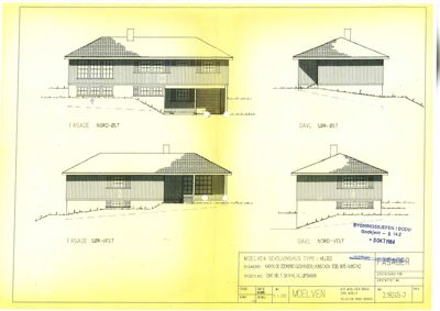 Fasadetegning som viser bygningens utseende fra fire ulike vinkler (Nord-Øst, Sør-Øst, Sør-Vest og Nord-Vest).