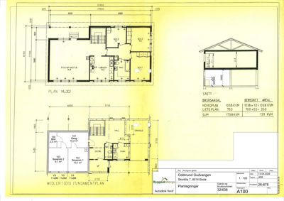 Bildet viser en tegning med etasjeplaner (PLAN MJ302 og MIDLERTIDIG FUNDAMENTPLAN) og et snitt (SNITT) for en bolig. Det er også oppgitt bruksareal.