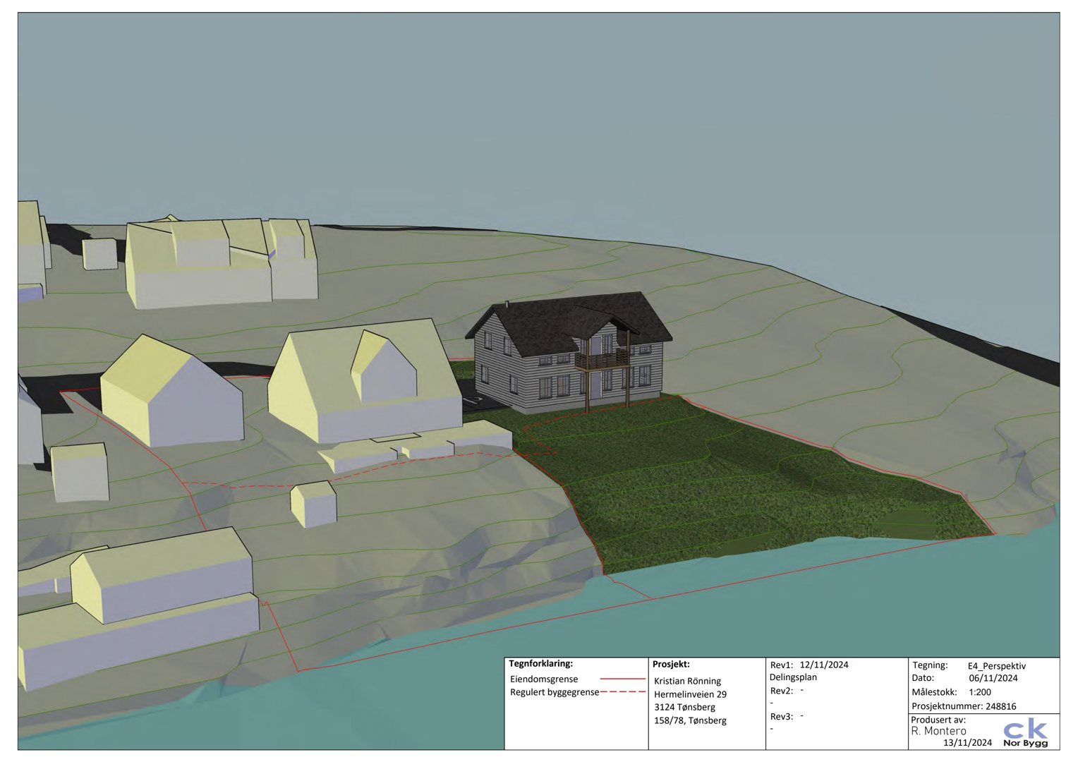 3D-visualisering (perspektivtegning) av et hus på tomt med omgivende bebyggelse og terreng.