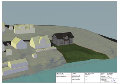 3D-visualisering (perspektivtegning) av et hus på tomt med omgivende bebyggelse og terreng.