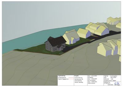 3D-visualisering (rendering) av en bygning i sitt omgivelser, inkludert terreng og nabolag.