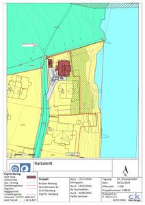 Situasjonsplan som viser eiendomsgranser, byggegrenser, utareal og eksisterende/planlagt bebyggelse i forhold til terrenget og vannkanten.