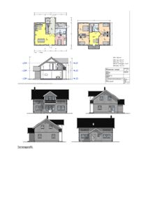 Bildet viser en samling tegninger for en bygning, inkludert etasjeplaner, et snitt, og flere fasadeoppsett (front, side og bakside).