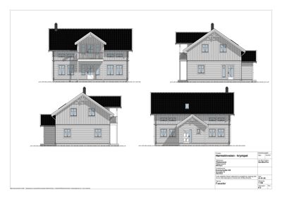 Fasadetegning som viser fire ulike vinkler på en bolig (front, side, bak og en annen side), med detaljer om tak, vinduer og fasadebelegg.