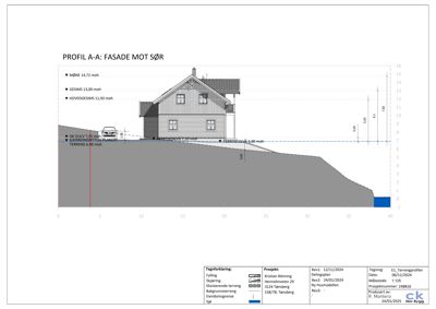 Tegning som viser et tverrsnitt (profil) av bygningen sett fra sør, med angivelse av høyder, terreng og fylling.