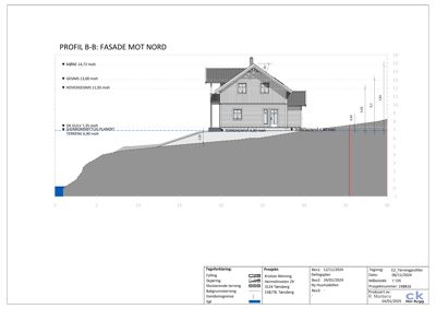 Snittegning (profil) som viser fasade mot nord, høydemål (moh), terrengform og bygningens plassering i forhold til terrenget.
