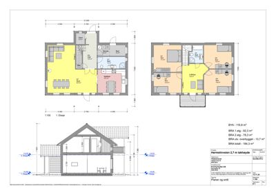 Bildet viser etasjeplaner (1. og 2. etasje) samt et snitt av en bolig, med romnavn, mål og arealoppdelinger.