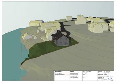 3D-visualisering (rendering) av et hus på tomt med omgivende bygninger og terreng.
