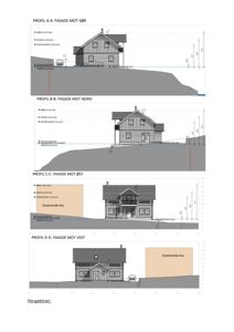 Oppriss (profiltegninger) av en bygning sett fra fire sider (Sør, Nord, Øst, Vest) med høydemål og terrengforhold.