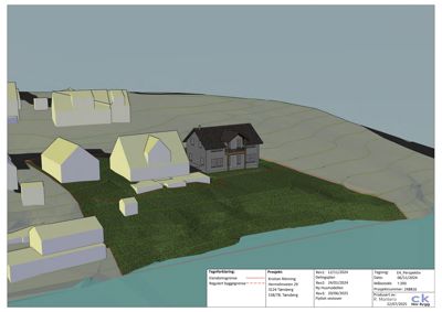 3D-visualisering (perspektiv) av et boligområde med eksisterende og planlagt bebyggelse, inkludert terrengform og vannkropp.