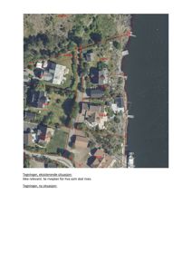 Flyfoto av et område med boliger og vann, overlagret med røde linjer som markerer eiendelsgrenser. Bildet inneholder også tekst som refererer til 'eksisterende situasjon' og 'ny situasjon'.