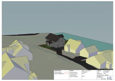 3D-visualisering (rendering) av et boligfelt med hus, terreng og vann. Tegningen viser perspektiv fra lufta.