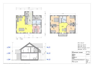Etasjeplaner (1. etasje og 2. etasje) og snitt for en bolig med oppgitt BRA og BRA-utvidelse.