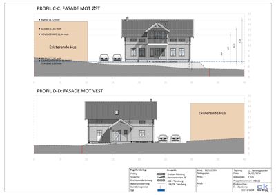 Snittegning (profil) som viser tverrsnitt gjennom eksisterende hus og terrengforhold for fasade mot øst og vest.