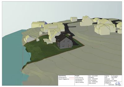 Situasjonsplan (3D-perspektiv) som viser tomtens beliggenhet i forhold til nabolaget, terrengforhold og reguleringsgrenser.