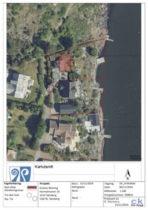 Situasjonsplan (kartutsnitt) som viser eiendomsgrenser, eksisterende bygninger, planlagt riving og nye tiltak sett fra luften.