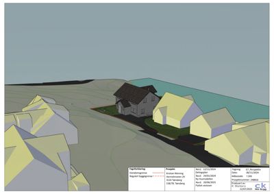 3D-visualisering (rendering) av et boligfelt med terrengforhold, eiendomsgrenser og reguleringsområder.