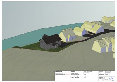 3D-visualisering (rendering) av et hus og nabolag sett fra et vinklet perspektiv.