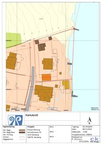 Kartutsnitt (situasjonsplan) som viser tomtens beliggenhet i forhold til nabolag, høydeforhold (konturlinjer), og byggegrenser.