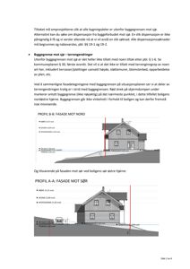 Snittegning (profil) som viser fasade mot nord og fasade mot sør, inkludert høydemål, terreng og bygningens plassering i forhold til byggegrense.
