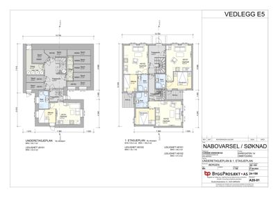 Etasjeplaner for en bygning, inkludert underetasjeplan og planer for 1. etasje, med romfordeling og mål.
