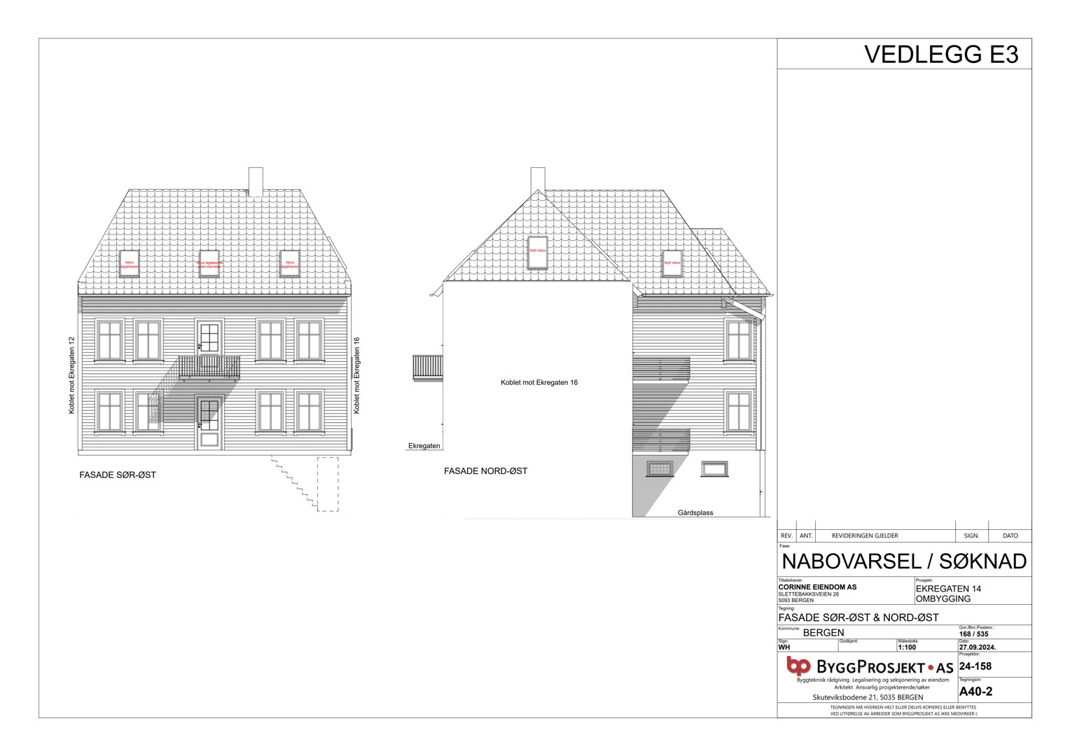 Fasadetegning som viser bygningens utseende fra sørøst og nordøst.