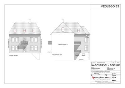 Fasadetegning som viser bygningens utseende fra sørøst og nordøst.