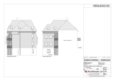 Fasadetegning som viser bygningens utseende fra nord-vest og sør-vest.