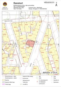 Et basiskart (tomtekart) fra Bergen kommune som viser eiendomsgrenser, bygninger og infrastruktur for et område i Ekregaten.