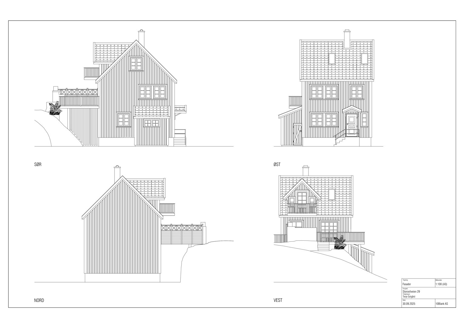 Fasadetegning som viser bygningens utseende fra fire sider: Sør, Øst, Nord og Vest.