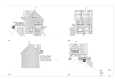Fasadetegning som viser bygningens utseende fra fire sider: Sør, Øst, Nord og Vest.