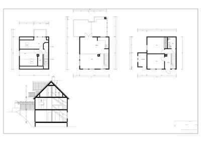 Snittegning (Snitt A) av en bygning med tilhørende etasjeplaner for Loft, 1. etasje og underetasje.