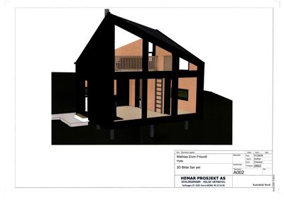 3D-visualisering av en hytte sett fra øst (Sør-øst), med synlig fasade, tak og deler av innvendig struktur.