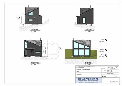 Fasadetegning som viser bygningens utsyn fra fire sider (Nordøst, Sørvest, Nordvest, Sørøst) med mål og høydeangivelser.