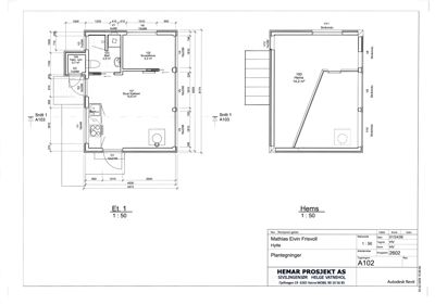 Snittegning (Snitt 1) av en hytte som viser romfordeling, høyder og konstruksjonsdetaljer.