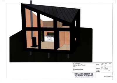 3D-visualisering (rendering) av en hytte sett fra nordøst, som viser både fasade og innvendig romoppdeling.