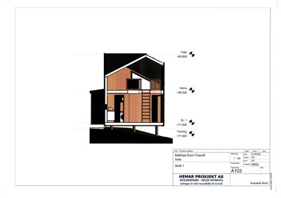 Snittegning som viser bygningens tverrsnitt, høyder og romfordeling.