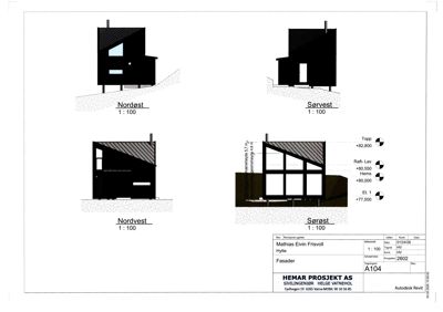 Fasadetegning som viser bygningens utsyn fra fire sider (Nordøst, Sørvest, Nordvest og Sørøst) med mål og høydeangivelser.