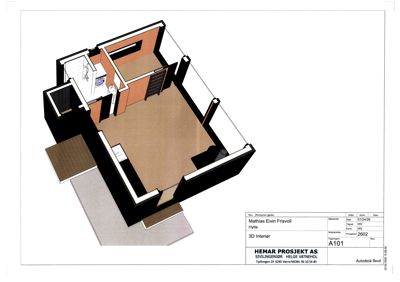 3D-visualisering (rendering) av et interiør med vegg, gulv og tak. Tegningen viser romoppdeling og materialvalg.