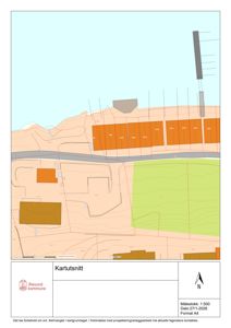 Kartutsnitt som viser tomtens beliggenhet i forhold til nabolag, vei og terrengforhold.