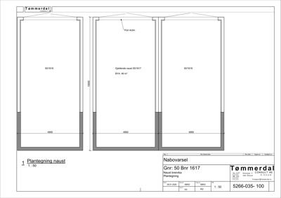 Plantegning av et naust med angitte mål og romnummer.
