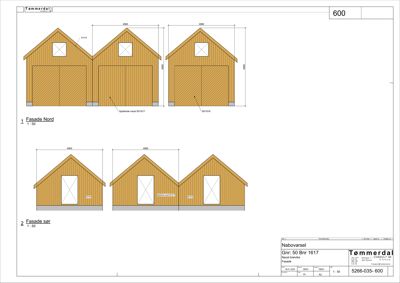 Fasadetegning som viser oppriss av bygningens sider (Nord og Sør) med mål og materialbeskrivelser.