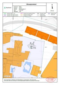 Situasjonskart som viser eiendomsforhold, naboeiendommer, vegnett og topografi for eiendommen Nordnesbakken 4 i Bergen.