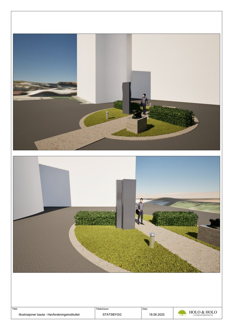 3D-visualisering (rendering) av en utendørs scene med en person, en skulptur og beplantning. Bildet viser en illustrasjon av et bygg eller en utemiljø.